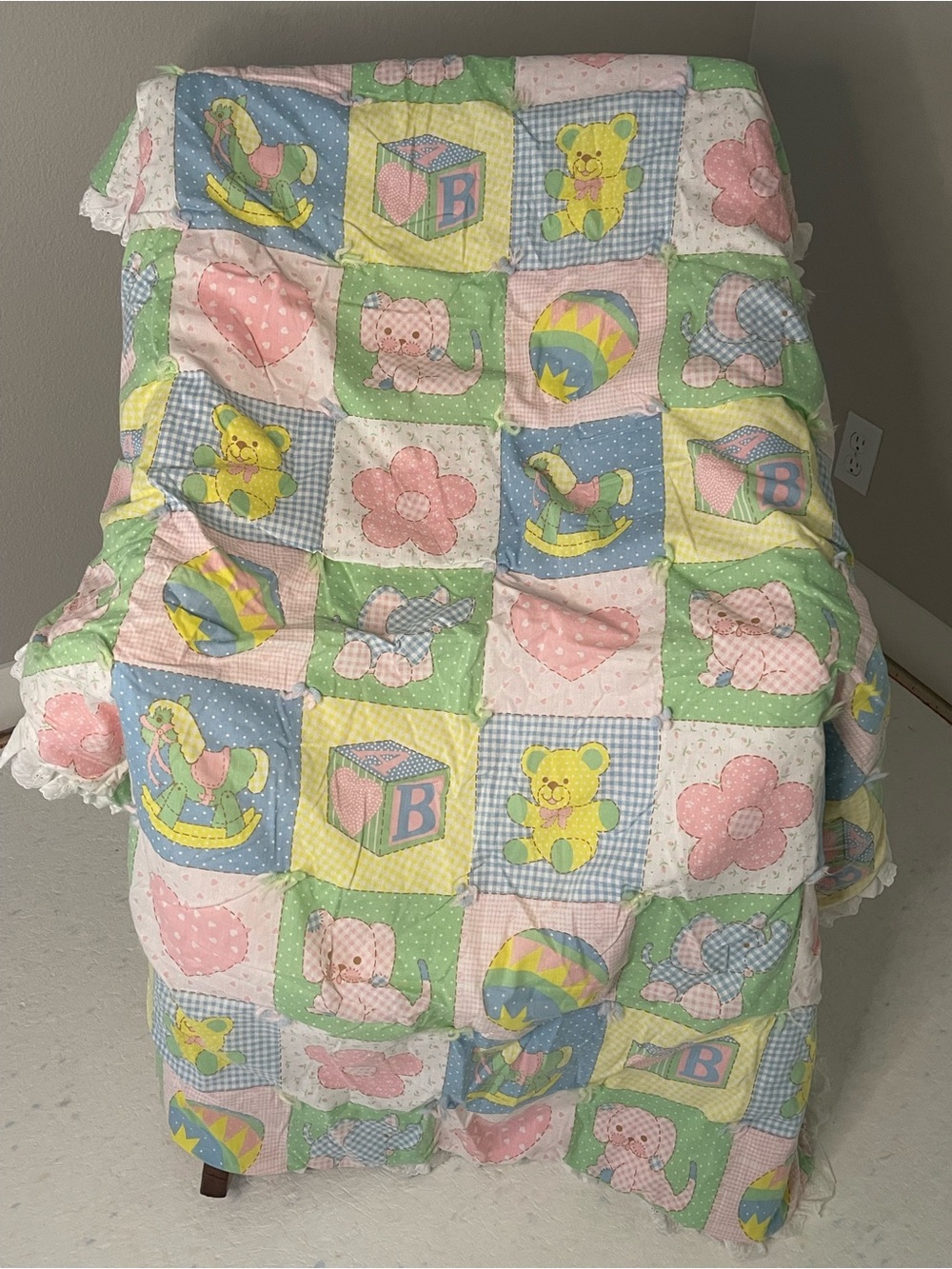 Vintage Handmade Baby Quilt Pastel Patchwork - Multicolor